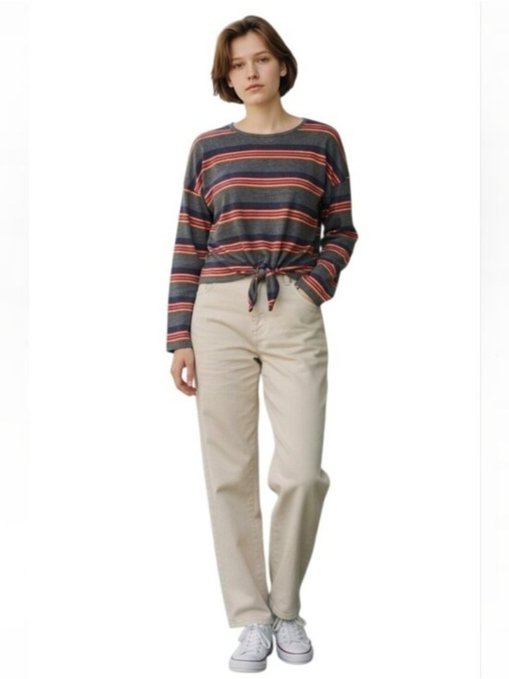 Gaze Striped Tie Front Long Sleeve Top Gray Size Small